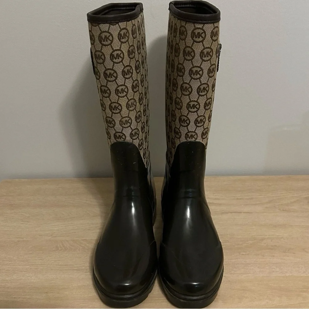 Michael Kors Tan Monogram Print Buckle Knee High Rain Boots Preppy‎ Luxe Style
